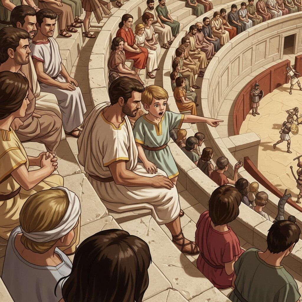 Gladiātōrēs et familia spectāns